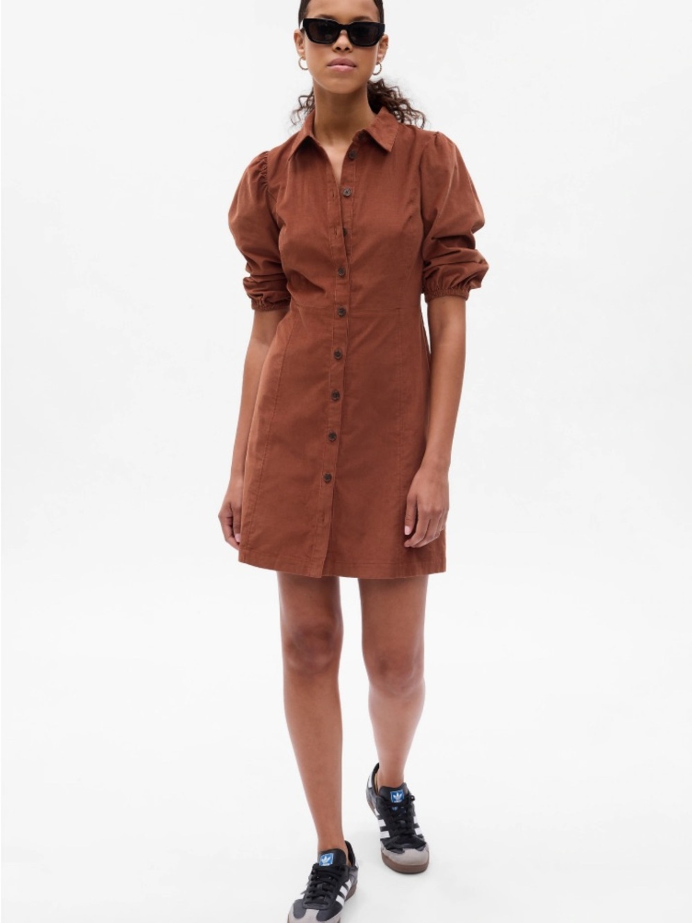 GAP puff sleeve corduroy, mini dress in saddle, brown size small